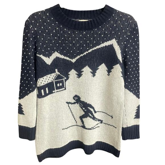 J. Crew Winter Intarsia Ski Scene Merino Wool Blend Crewneck Sweater Navy XS - Picture 1 of 7
